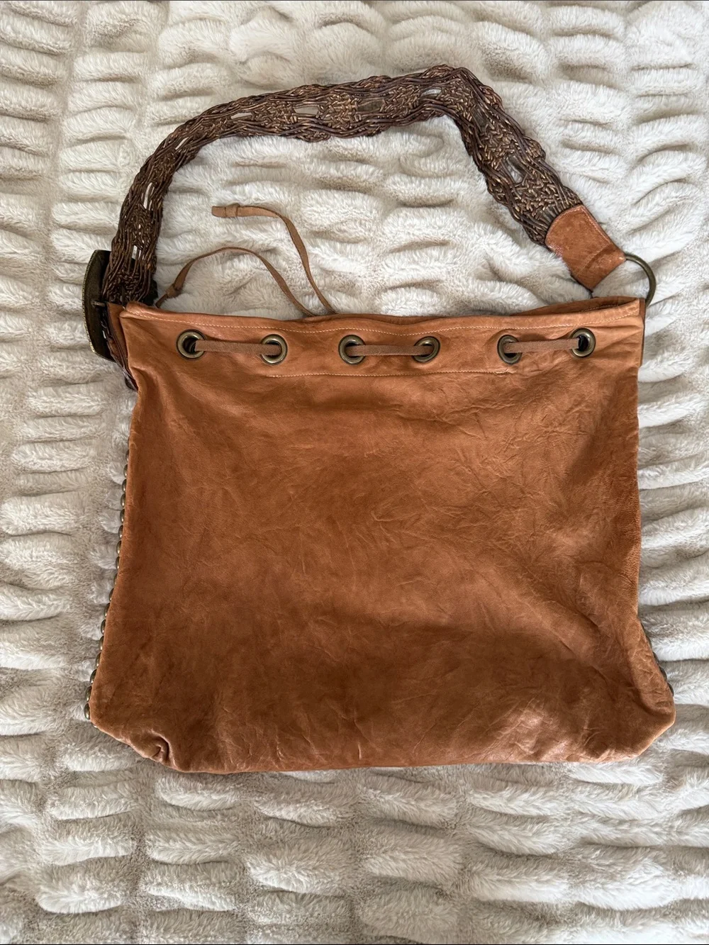 Leather Rock Cognac Drawstring Hobo Bag with Woven Strap